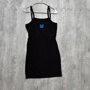 Vintage Black Ribbed Cami Dress Embroidered Butterfly Women's Medium